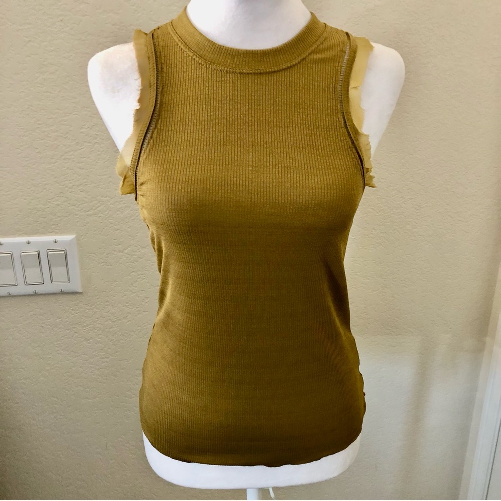 Anthropologie Brownish Mustard Ribbed Tank Top w/ruffled Sleeves